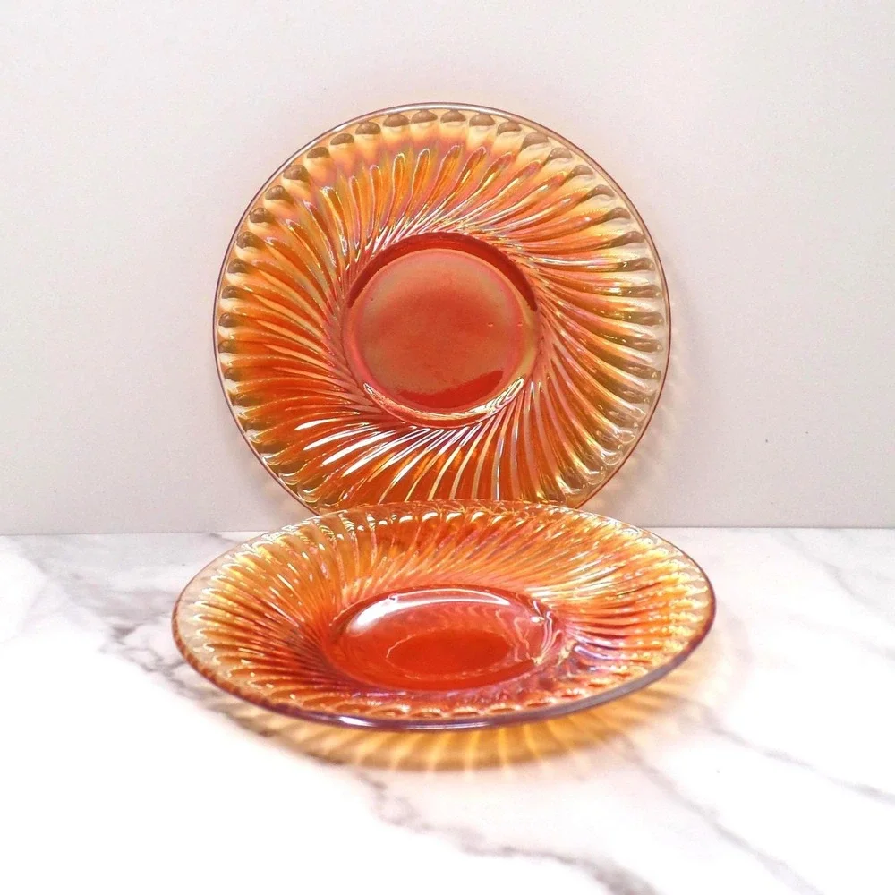 Vintage Irridescent Amber Carnival Glass Swirl Saucer, set of 2
